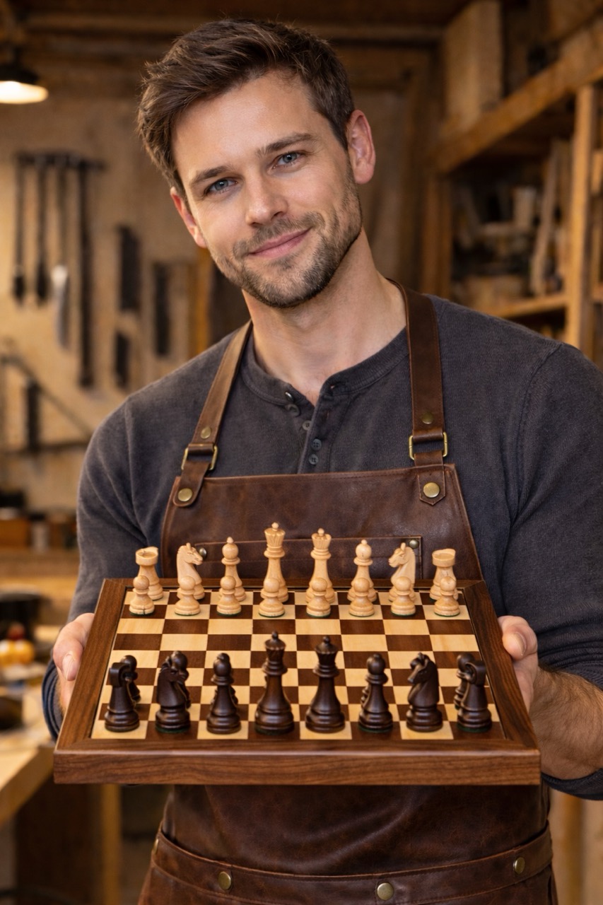 A handcrafted chessboard with matching pieces